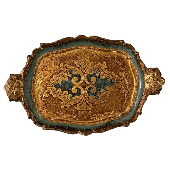 Vintage Florentine Gilded Wooden Tray From Italy Turquoise Blue And Gold - Picture 1 of 4